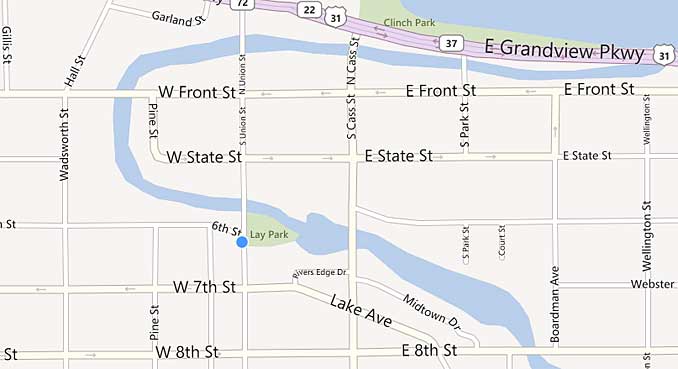 Map of Traverse City and the lower Boardman River. 